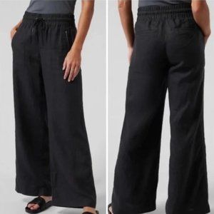 ATHLETA Cabo Linen Wide Leg Pants Womens Size 4 Black Pull On Zipper Pockets